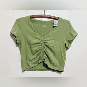 American Eagle Ruched Olive Green Cotton Crop Top Baby Tee Size Large
